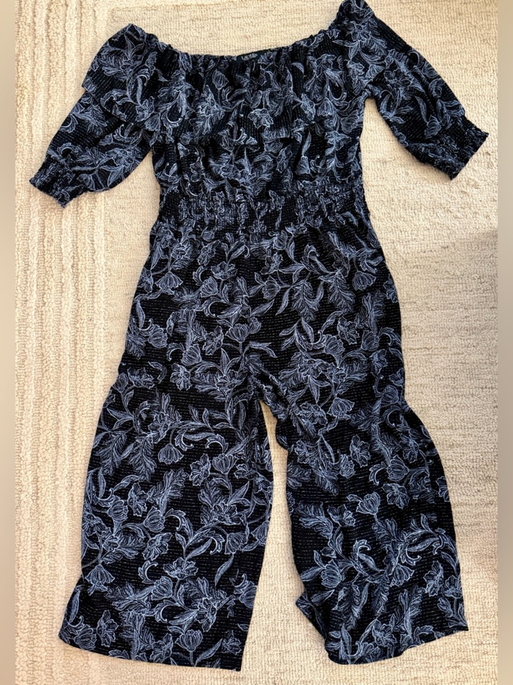 Lauren Ralph Lauren Black Label Sz 18 Black and Blue Floral Off Shoulder Jumper
